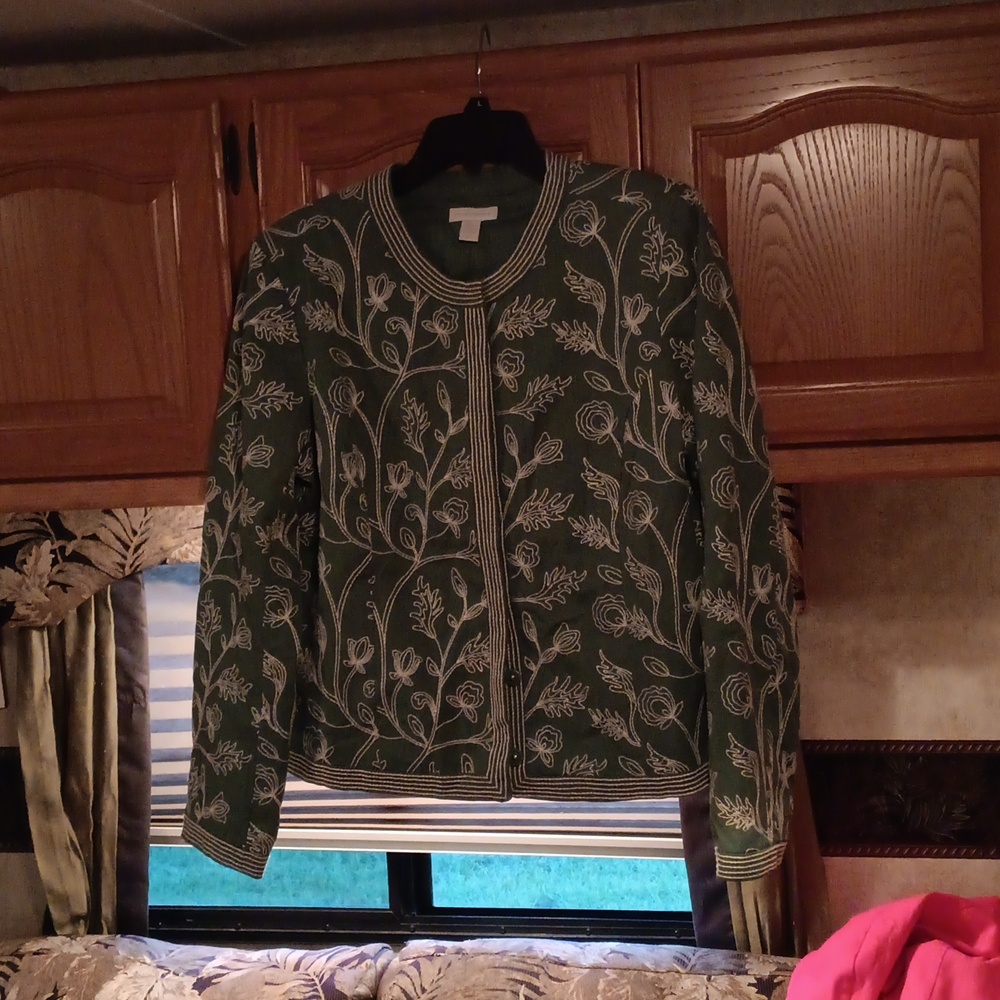 Charter Club green jacket with Chinese style white threading large
